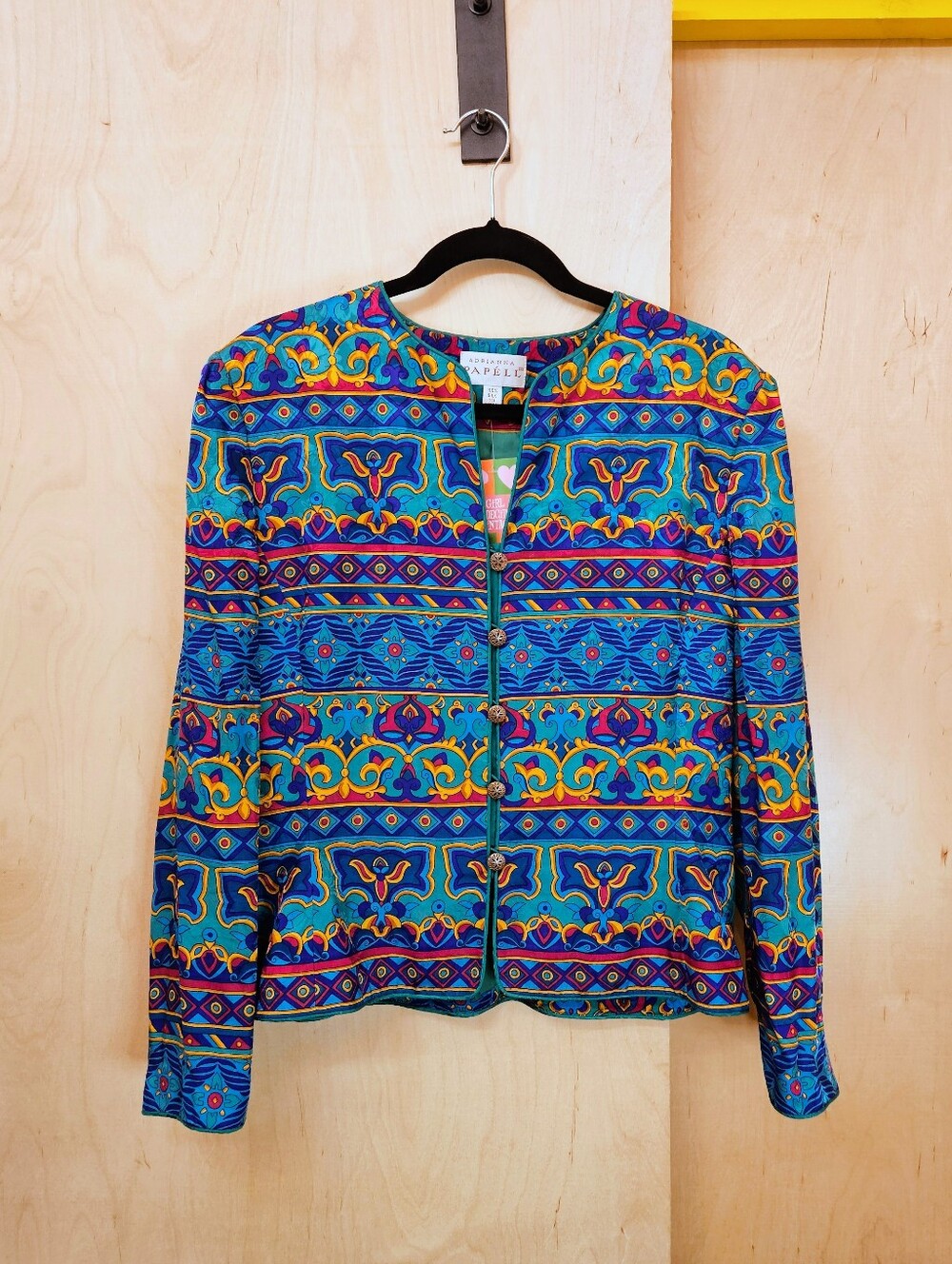 80s Adrianna Papell Colorful Printed Silk Blouse